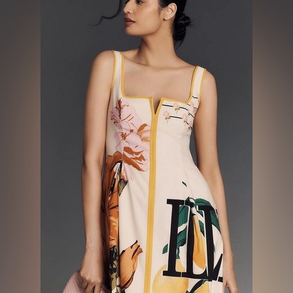 Anthropologie Maeve Lemon Floral Sleeveless Notched Square-Neck Midi Dress - Picture 8 of 15